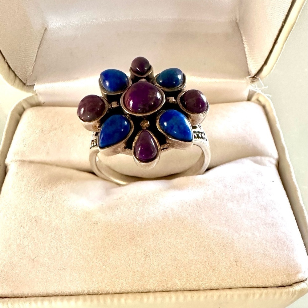Native American Style 925 Sterling Silver Lapis & Purple Turquoise Cluster Ring - Picture 2 of 6